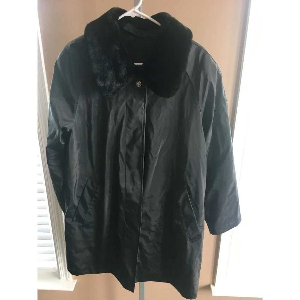British Mist Coat Solid Black Lined Winter Small Waterproof Lining Faux Fur Neck - Picture 4 of 10